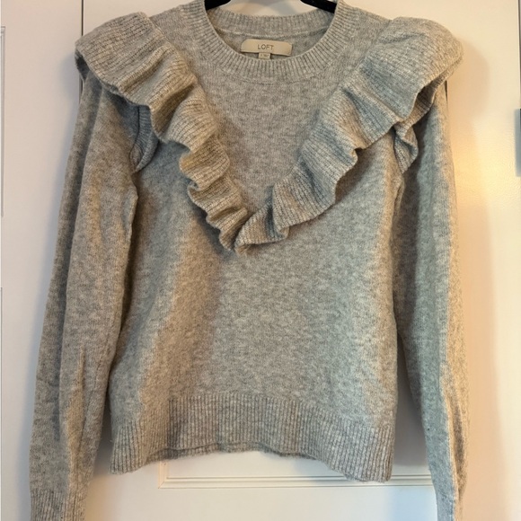 LOFT Light Gray Ruffled Sweater - Picture 4 of 5